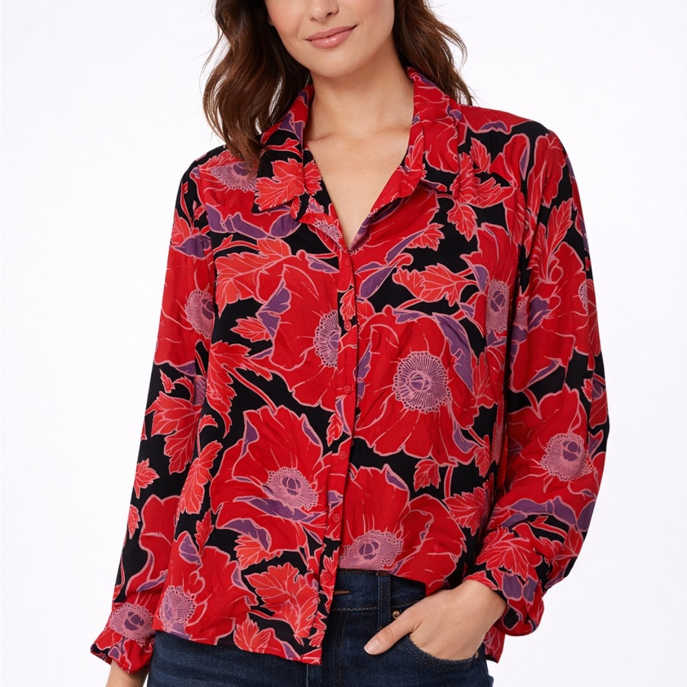Who What Wear Target Red Floral Button-Up Blouse